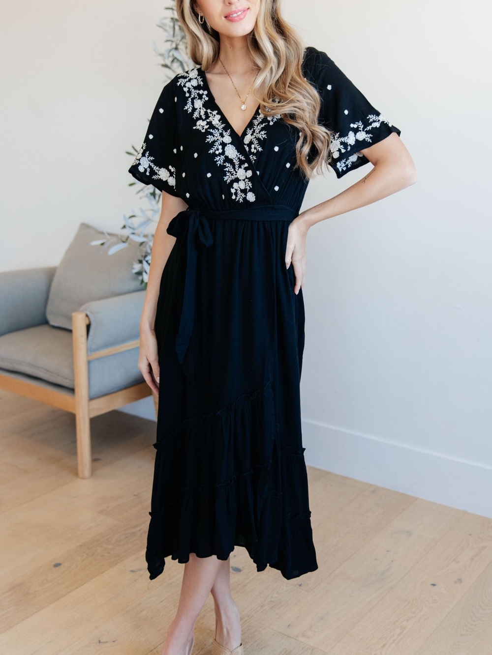 Polagram Black Floral Embroidered Maxi Dress